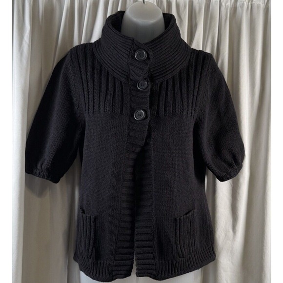 Express Black Angora Wool Blend Button Up Short Sleeve Cardigan L Witchy 75-22 - Picture 1 of 13